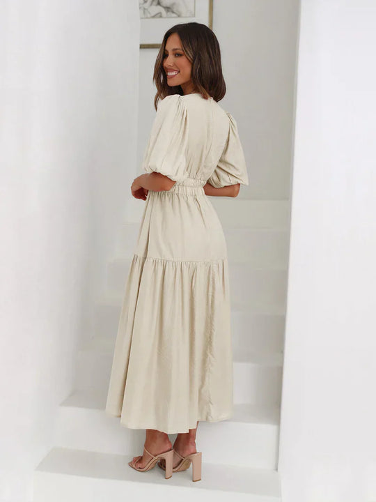 Ella - Vestido con cuello en V y mangas abullonadas