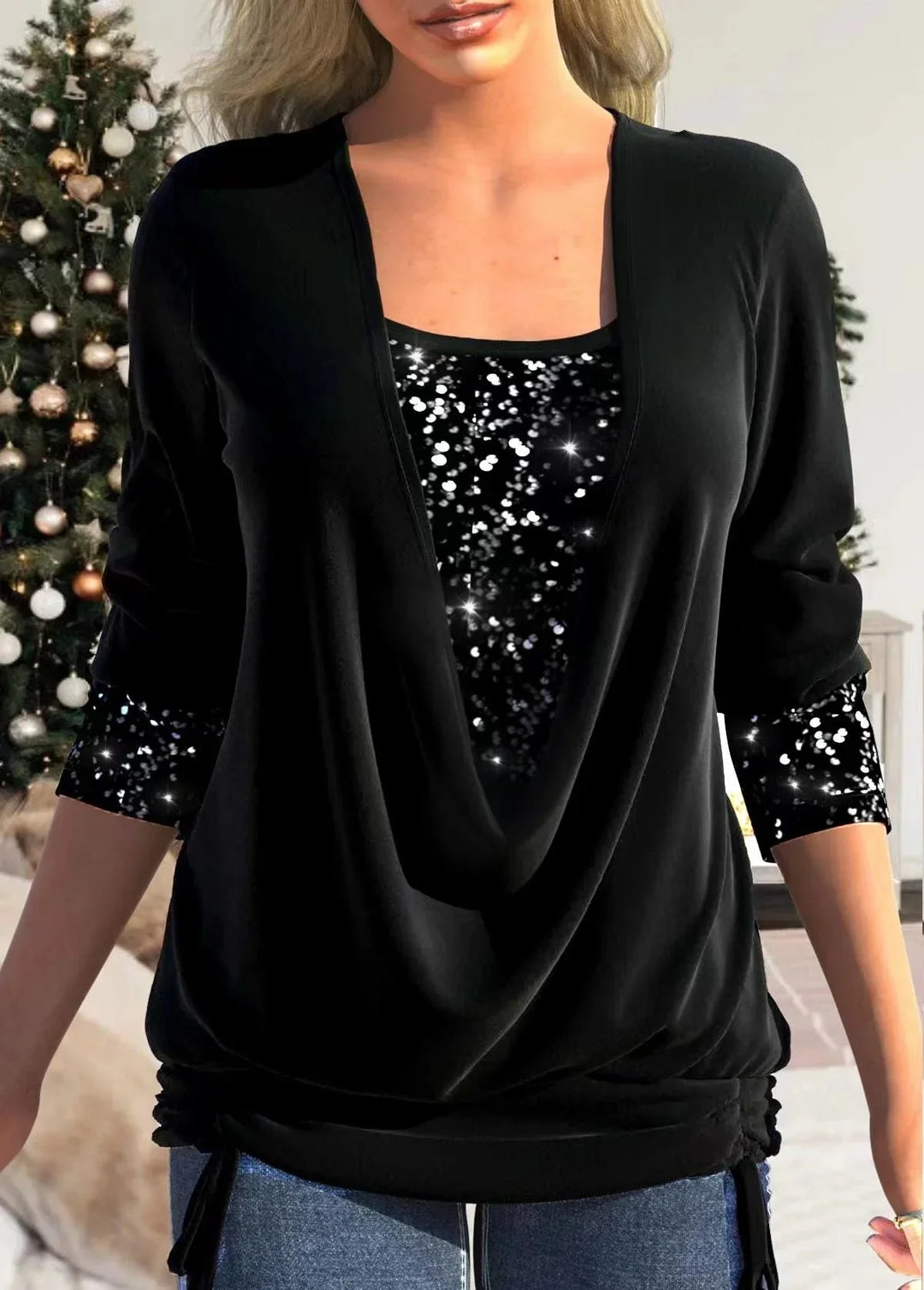 Nara - Blusa drapeada con lentejuelas integradas