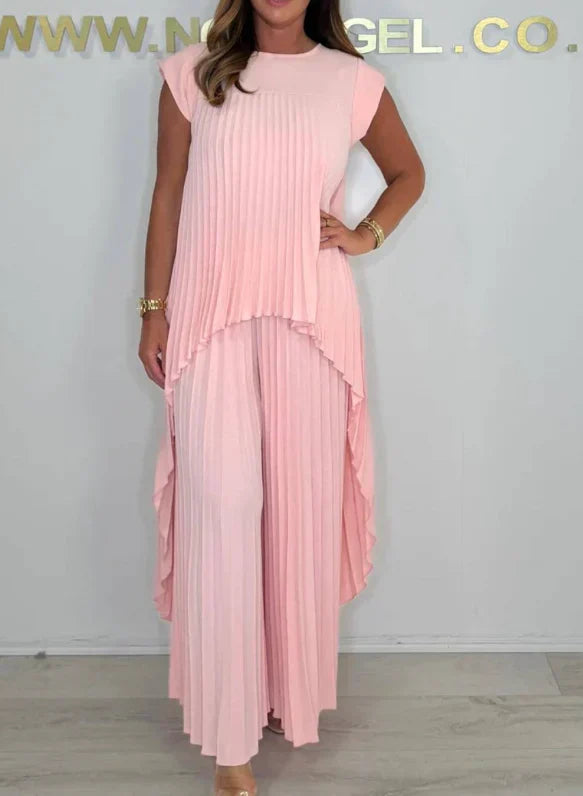 Elsa™ Conjunto plisado de dos piezas con top asimétrico y pantalón palazzo