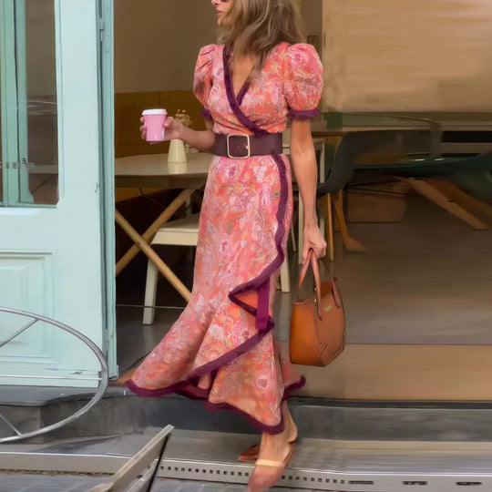 Yasmín - Elegante vestido largo rosa con mangas cortas