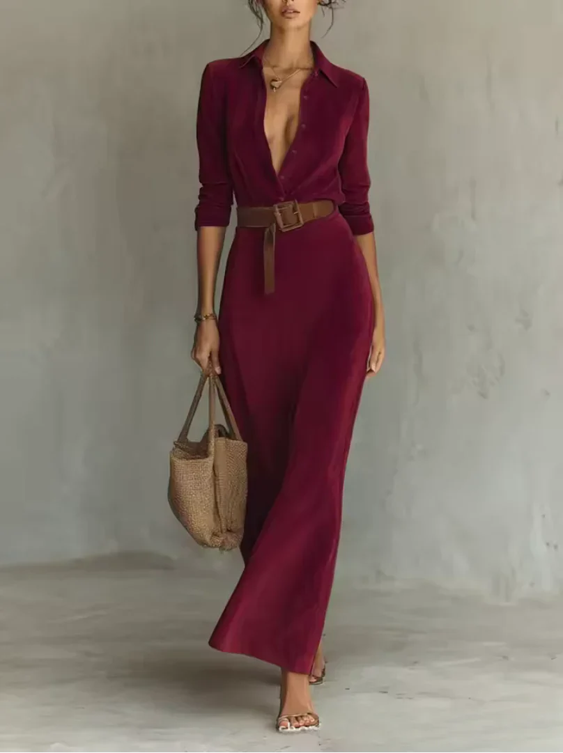 Elena - Vestido maxi de efecto ante con cinturón
