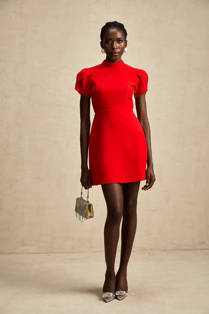 Ana – Vestido mini rojo con mangas pétalo y lazo