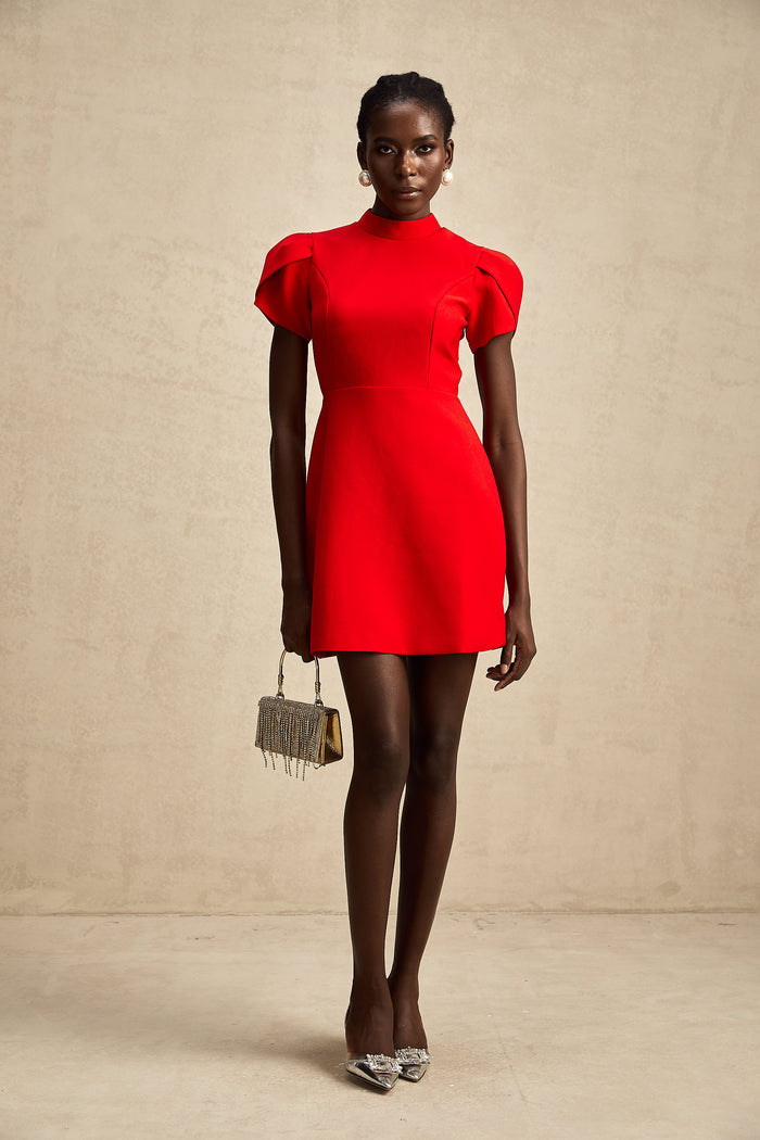 Ana – Vestido mini rojo con mangas pétalo y lazo