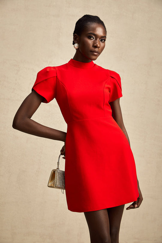 Ana – Vestido mini rojo con mangas pétalo y lazo