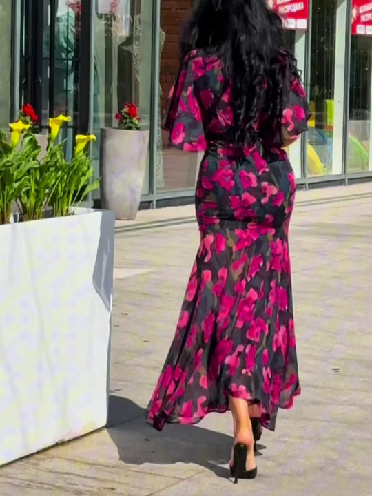 Alba - Vestido retro con cuello en V y mangas acampanadas