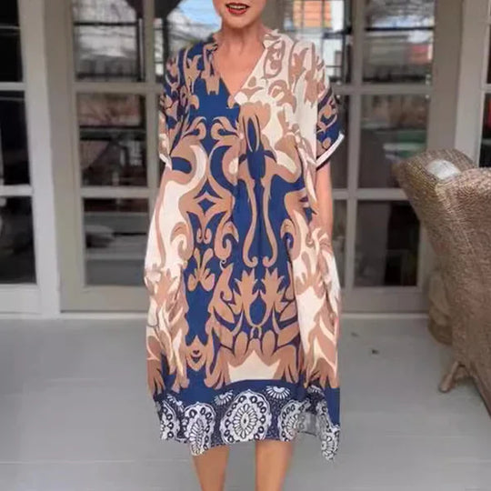 Paula/ Vestido midi holgado con cuello en V estampado