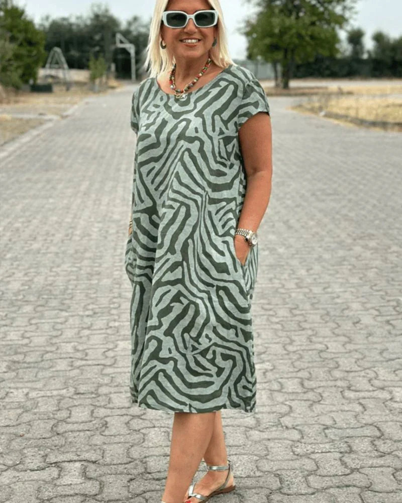 Nelia - Vestido fluido de verano con estampado abstracto y bolsillos