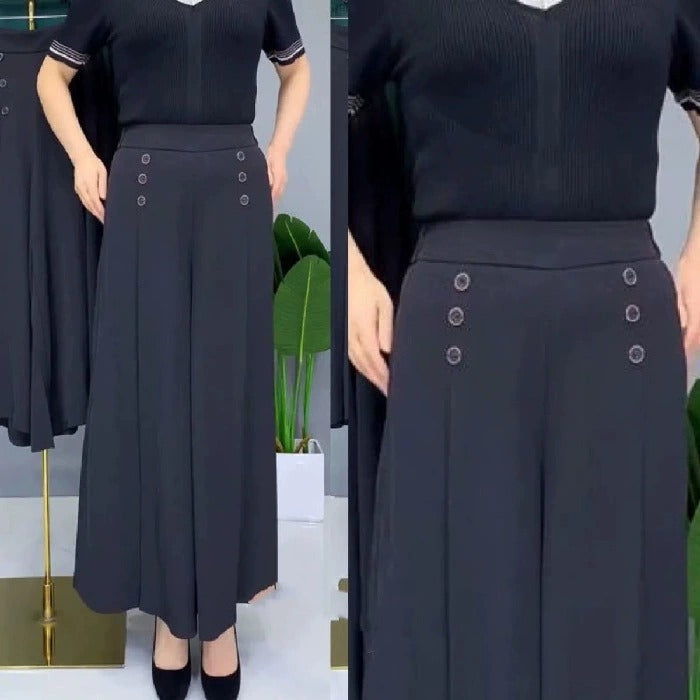 Adriana - Pantalón palazzo con cintura elástica y botones decorativos