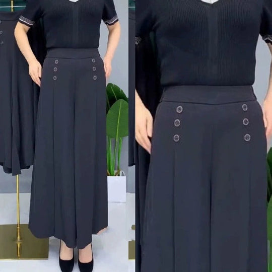Adriana - Pantalón palazzo con cintura elástica y botones decorativos