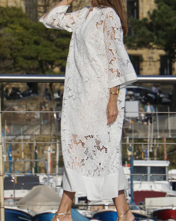 Julia™ – Vestido largo blanco de encaje floral