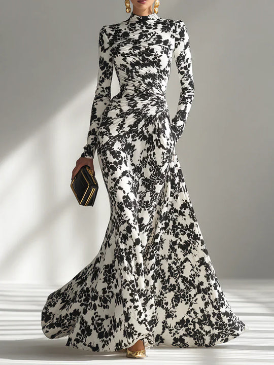 Greta – Vestido maxi cruzado estampado en blanco y negro