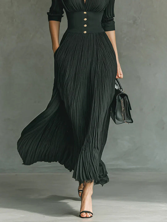Jade - Vestido largo plisado con solapa y cintura entallada