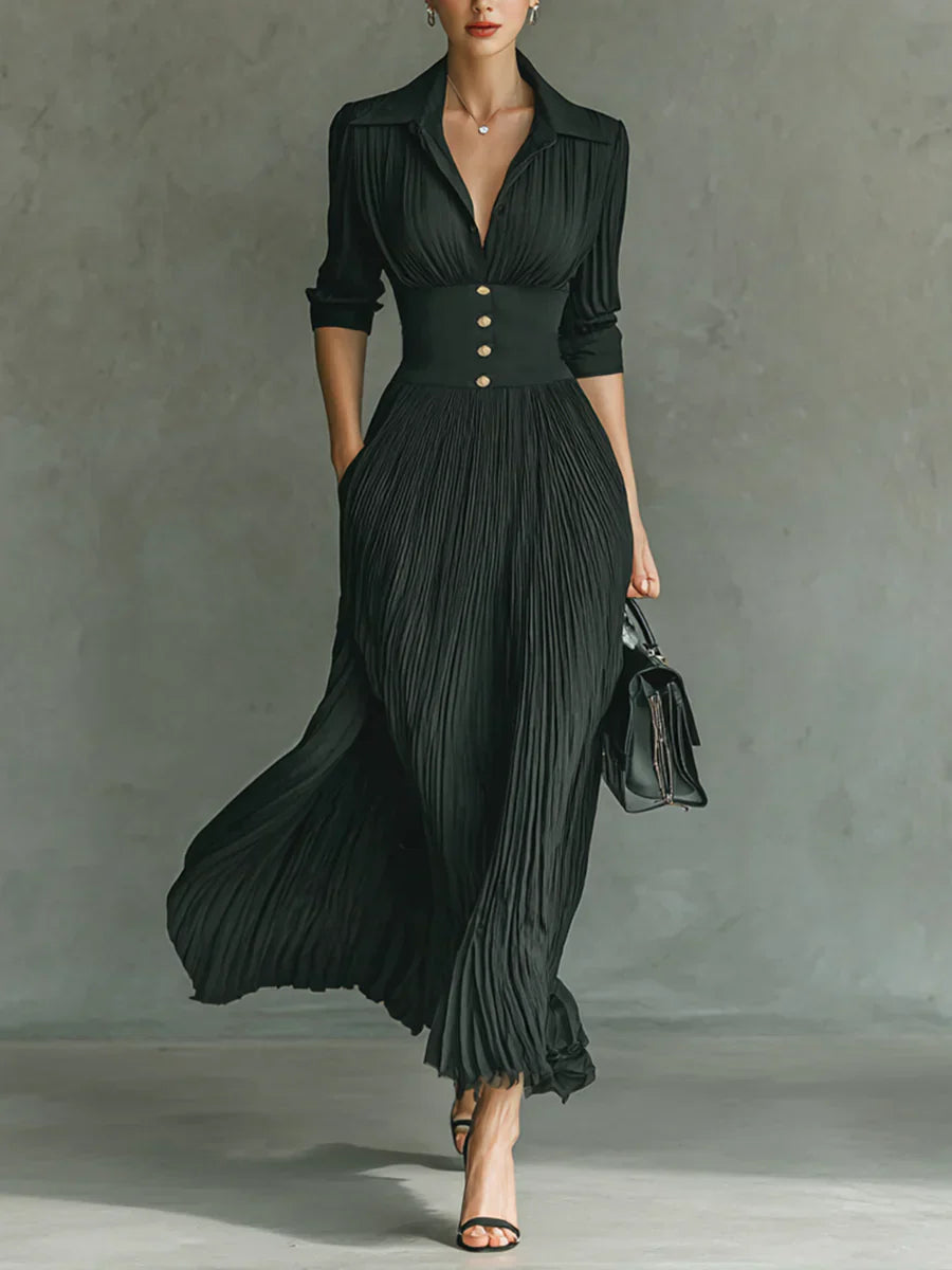 Jade - Vestido largo plisado con solapa y cintura entallada