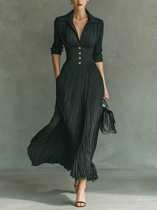 Jade - Vestido largo plisado con solapa y cintura entallada