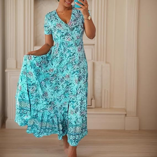 Valeria™ Vestido largo floral con escote en V, manga corta y vuelo amplio