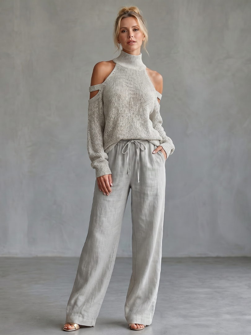 Questa | Conjunto de pantalón ancho y top de punto con hombros abiertos