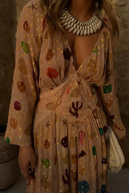 Alessandra - Vestido con estampado marino y detalles dorados