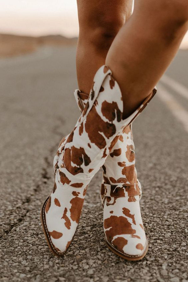 Eva | Botas de moda para damas con patrón de piel de vaca al estilo western