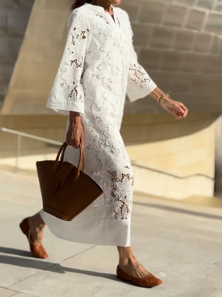 Julia™ – Vestido largo blanco de encaje floral