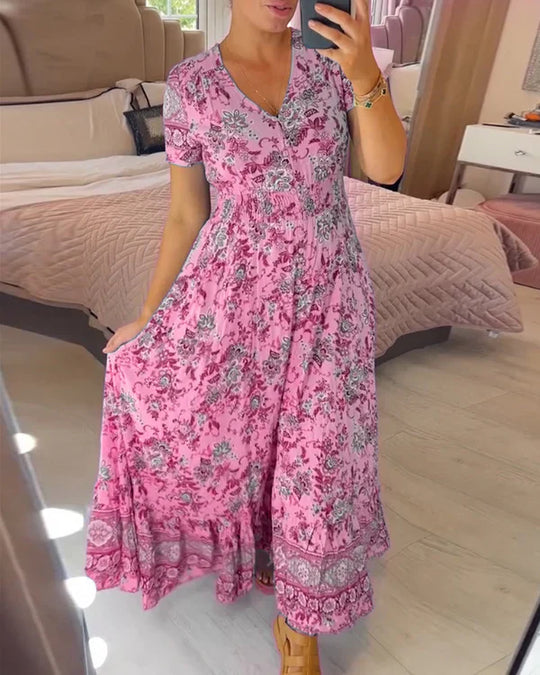 Valeria™ Vestido largo floral con escote en V, manga corta y vuelo amplio