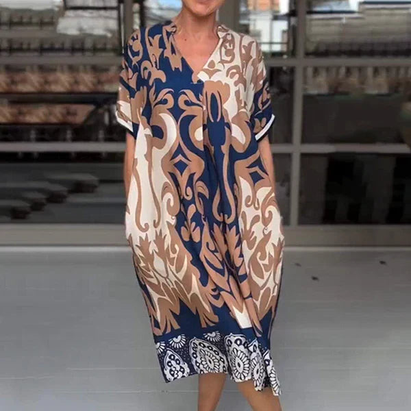 Paula/ Vestido midi holgado con cuello en V estampado