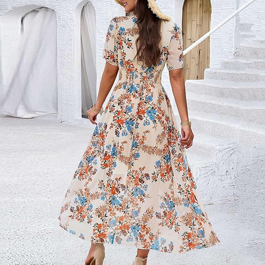 Adriana™ Vestido largo floral con escote en V, manga corta y vuelo ligero