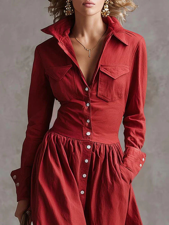 Natalia - Vestido largo retro rojo con solapa occidental y botones frontales