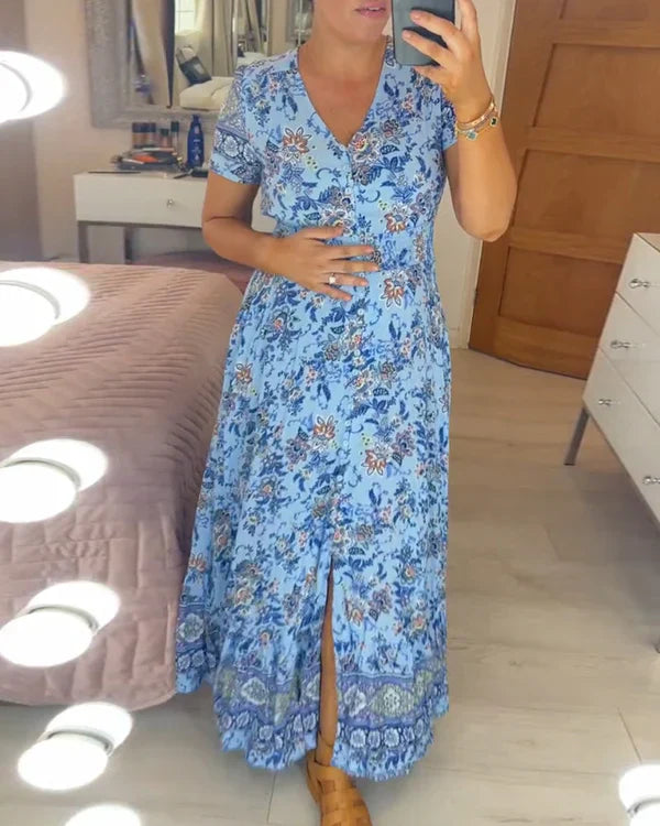 Valeria™ Vestido largo floral con escote en V, manga corta y vuelo amplio