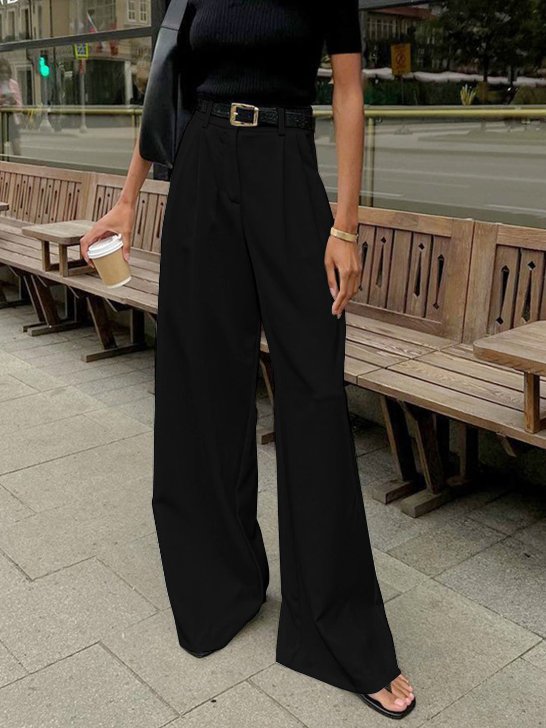 Katharina | Pantalones de Pierna Ancha con Frente Plisado para Dama con Cinturón