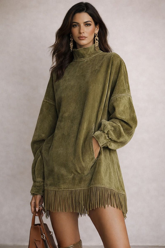 Adela - Vestido de cuello alto de ante con flecos en el bajo