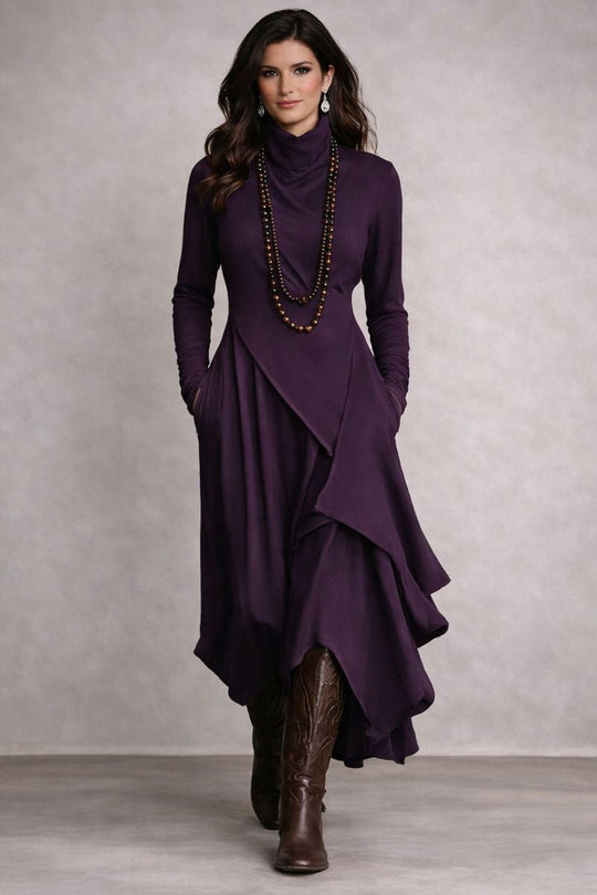 Nerea – Vestido maxi de cuello alto con diseño asimétrico