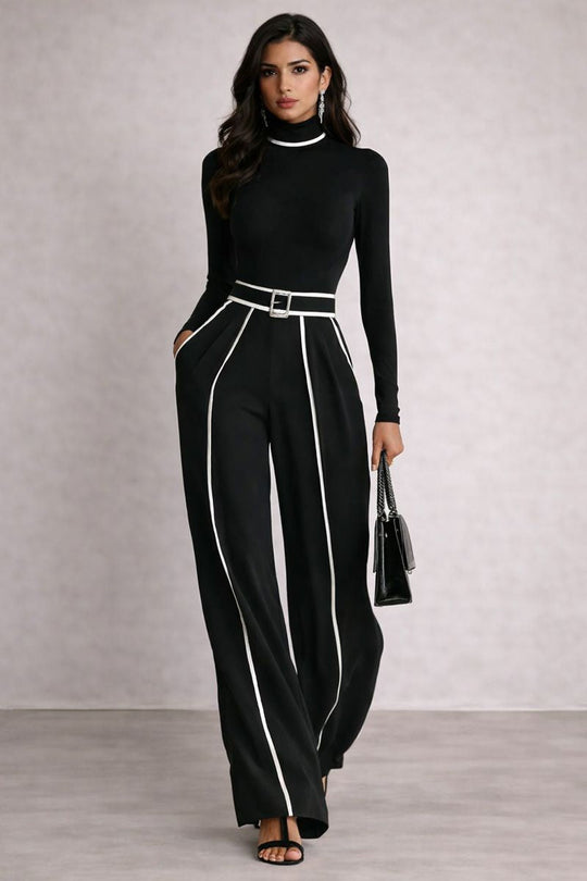 Lorenza - Conjunto negro con ribetes blancos y cinturón