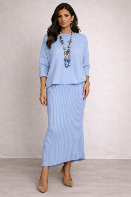 Pilar – Conjunto elegante de punto con jersey y falda midi