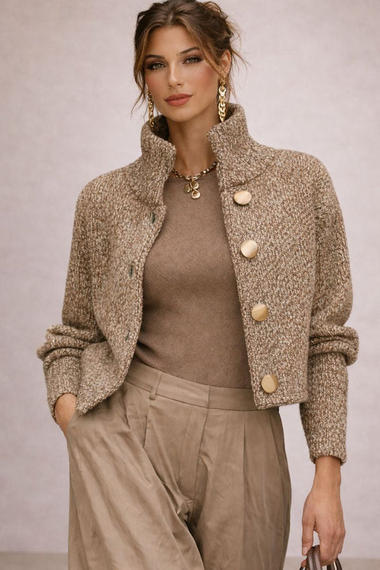 Aurora - Chaqueta elegante de punto texturizado con botones dorados