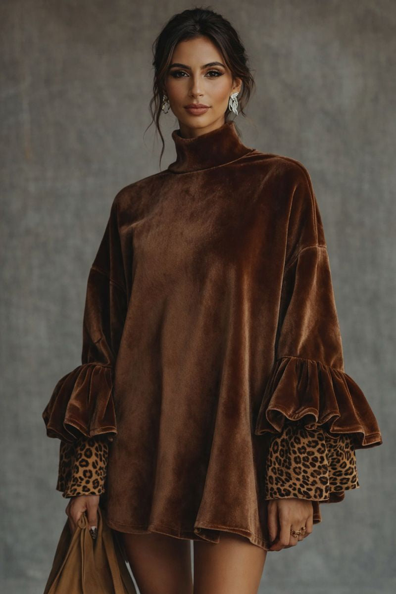 Isabella - Minivestido de terciopelo con puños y mangas con volantes de leopardo