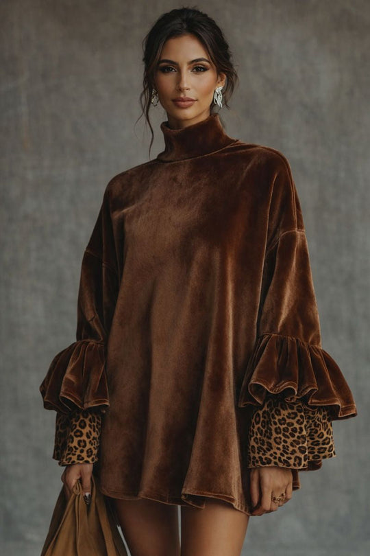 Isabella - Minivestido de terciopelo con puños y mangas con volantes de leopardo
