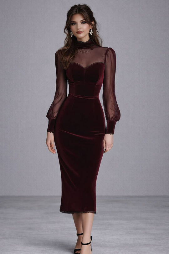 Carlota – Vestido midi con escote corazón y terciopelo burdeos
