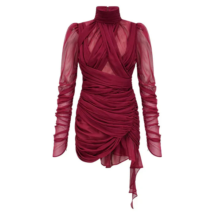 Talía – Vestido mini fruncido asimétrico burdeos