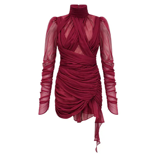 Talía – Vestido mini fruncido asimétrico burdeos