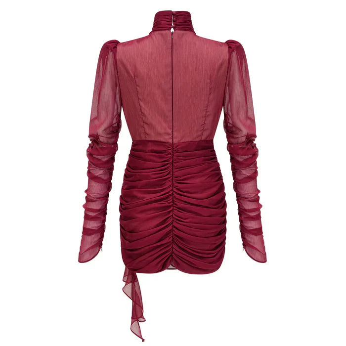 Talía – Vestido mini fruncido asimétrico burdeos