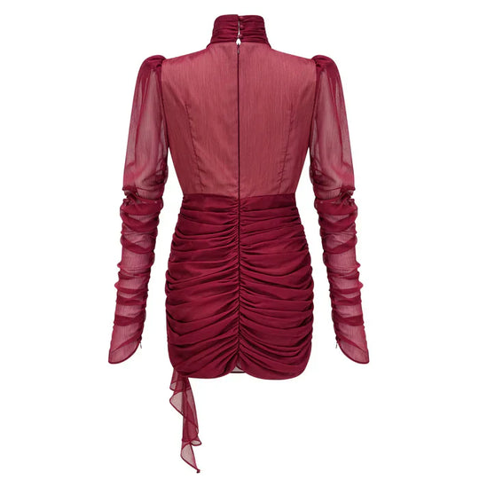Talía – Vestido mini fruncido asimétrico burdeos
