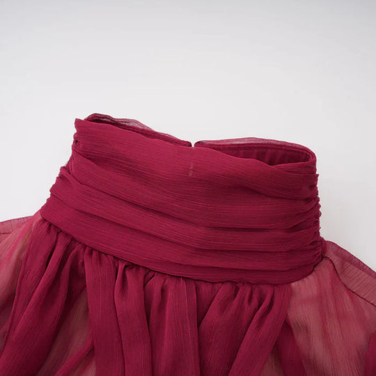 Talía – Vestido mini fruncido asimétrico burdeos