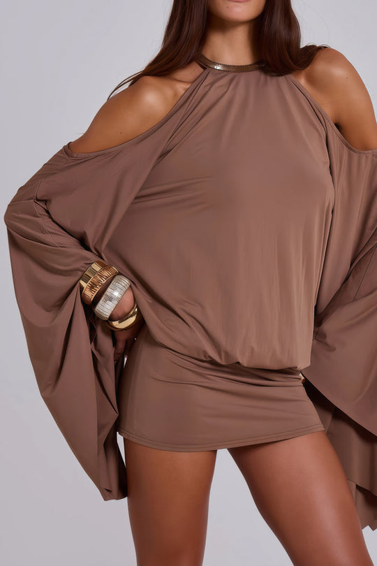 Jimena – Vestido mini marrón con detalles joya