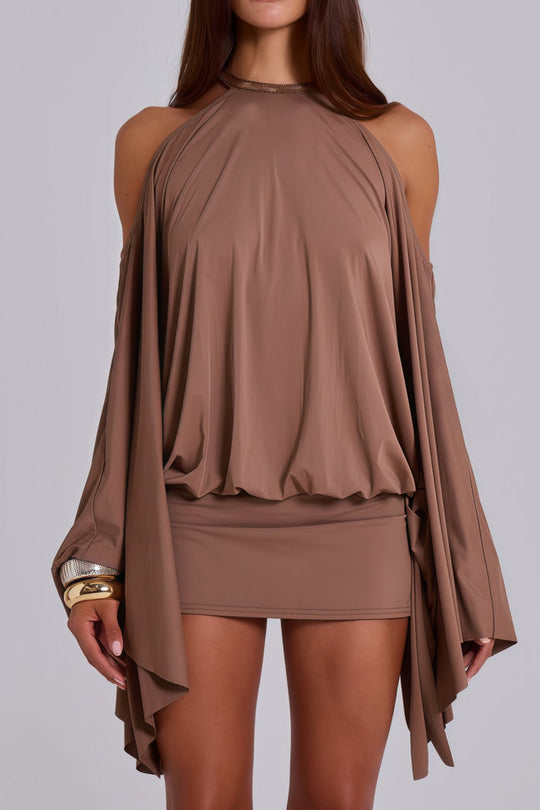 Jimena – Vestido mini marrón con detalles joya