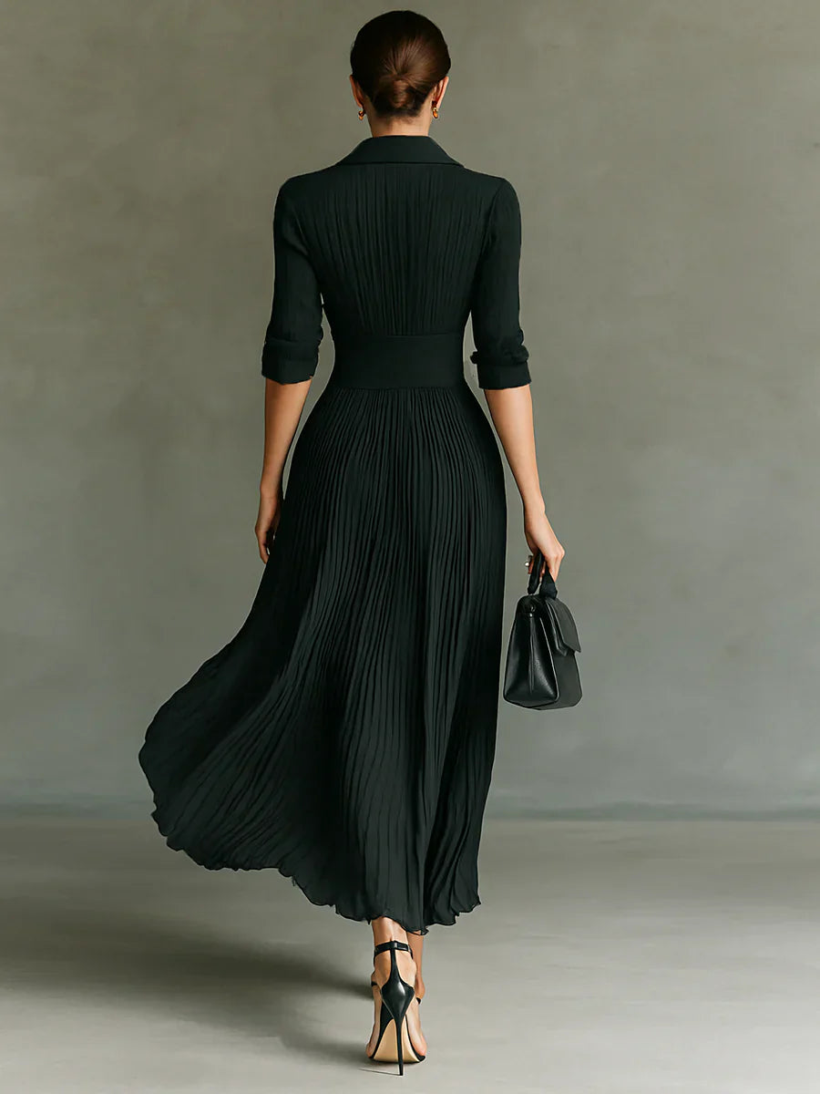 Jade - Vestido largo plisado con solapa y cintura entallada