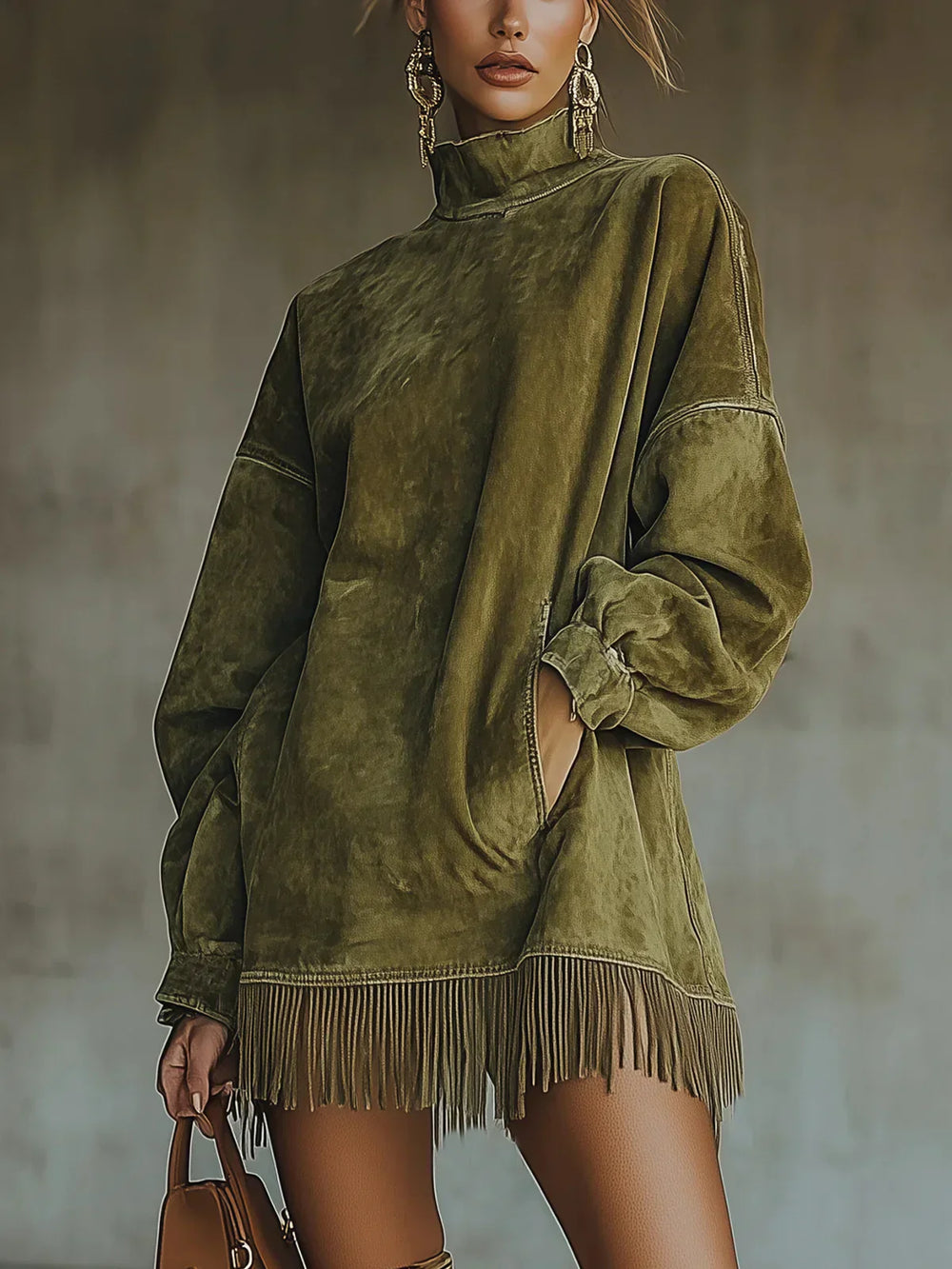Adela - Vestido de cuello alto de ante con flecos en el bajo