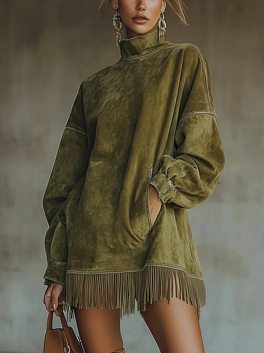 Adela - Vestido de cuello alto de ante con flecos en el bajo