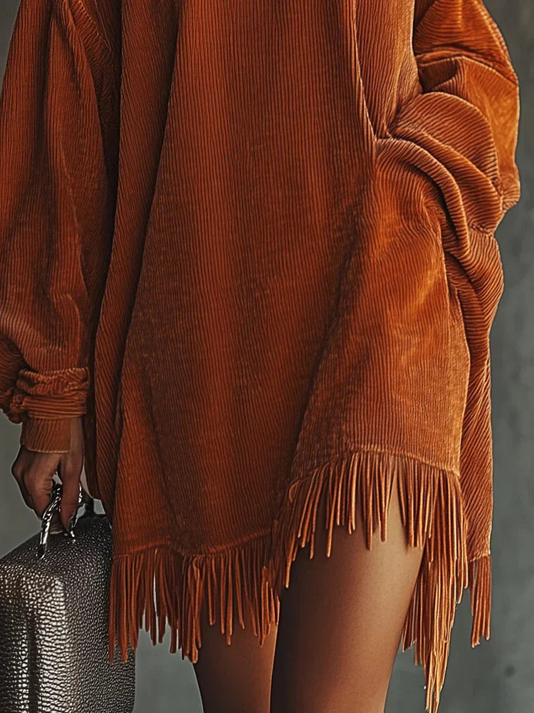 Valeria - Vestido de pana naranja con borlas