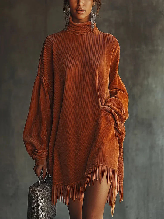 Valeria - Vestido de pana naranja con borlas