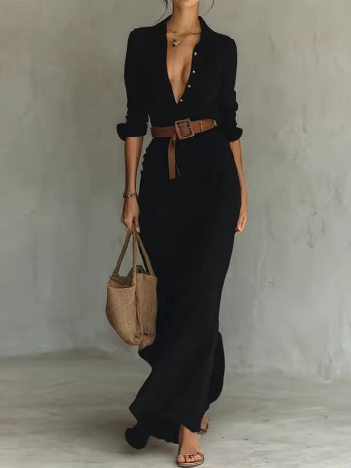 Elena - Vestido maxi de efecto ante con cinturón
